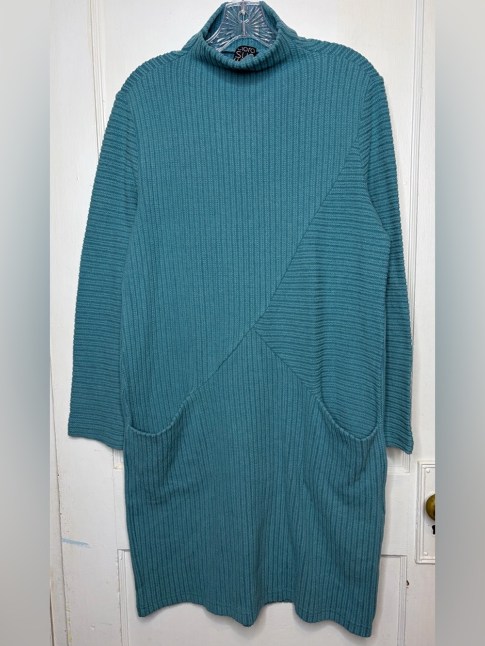 Clara SunWoo Chunky Ribbed Sweater Dress Funnel Neck Pockets Long Sleeve Sz M